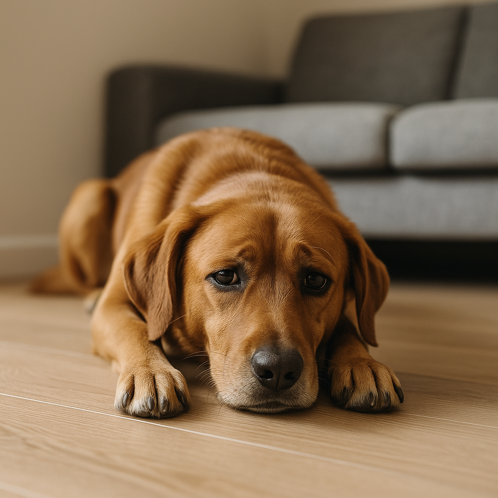 A Golden Retriever lies alone on a wooden floor near a window, looking sad and withdrawn in a quiet room.