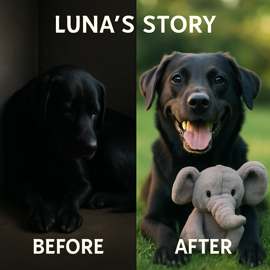 Split image showing Luna the dog before and after healing—on the left, she’s curled up in a dark corner looking withdrawn; on the right, she’s outside smiling with a stuffed elephant toy.
