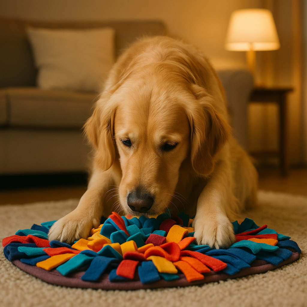A Golden Retriever uses a colorful snuffle mat on a soft rug, searching for hidden treats.