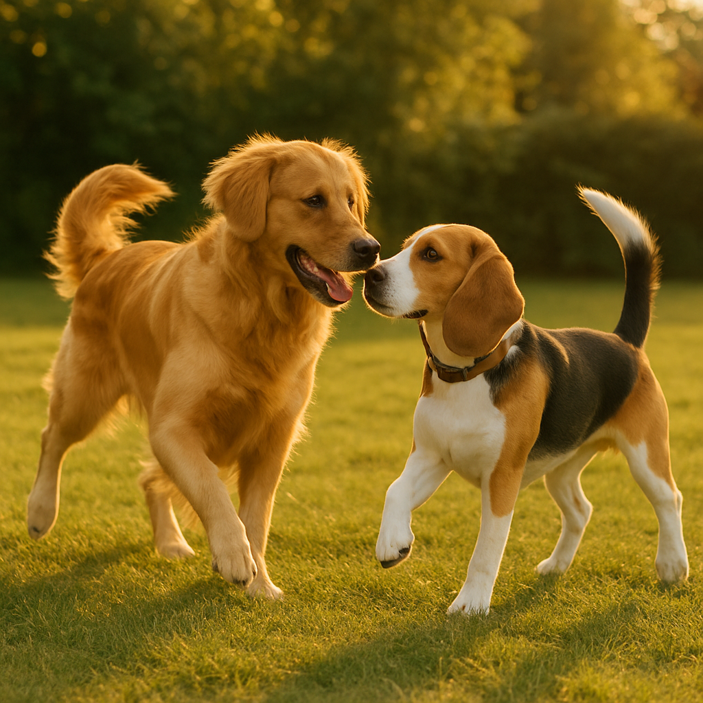 A Golden Retriever joyfully interacts with a beagle in a sunny park, both dogs mid-play in the grass.