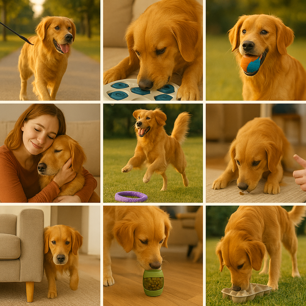 A collage of ten images showing a dog enjoying various enrichment activities like walking, cuddling, chewing toys, and using puzzles.