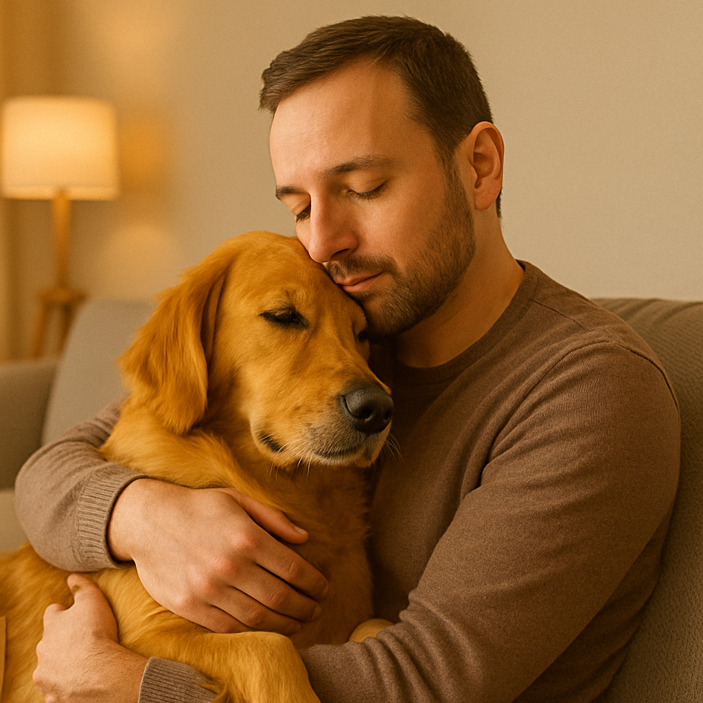A man gently hugs his Golden Retriever on a sofa, both looking calm and content in warm lighting.