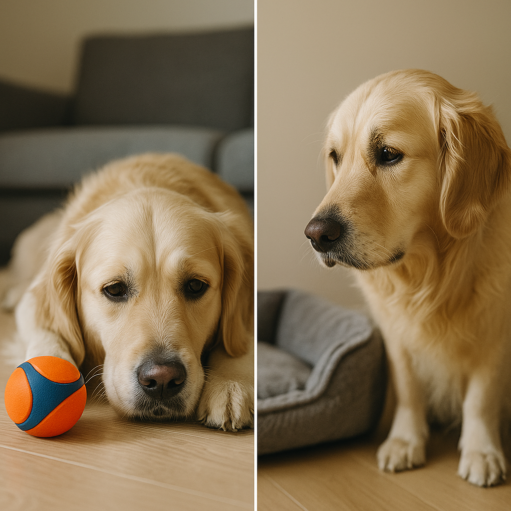 A side-by-side image showing a bored dog staring blankly in an empty room, and a grieving dog resting near a framed photo and an empty dog bed.