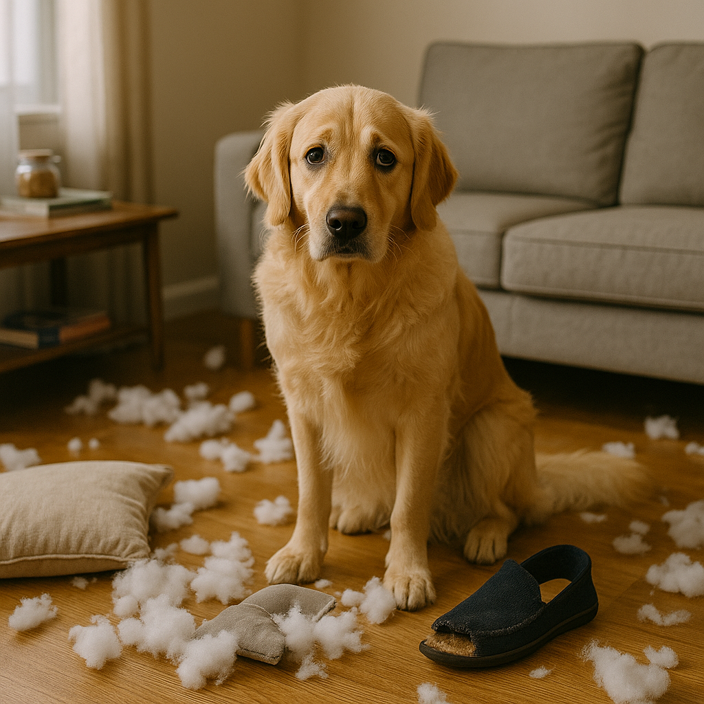 A Golden Retriever caught in the act of chewing a sofa cushion, surrounded by torn fabric and stuffing.