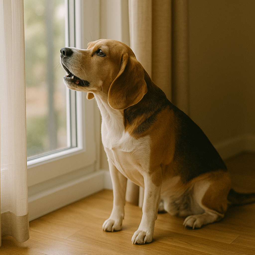 A dog sits by a window with its head slightly raised, appearing to howl while looking outside sadly.