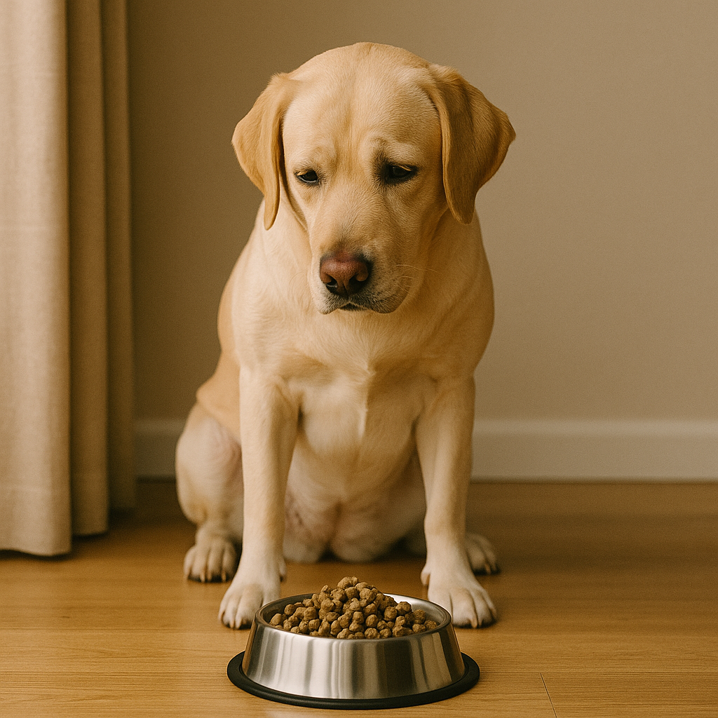 A dog stands over a full food bowl, sniffing it without eating, showing signs of disinterest.