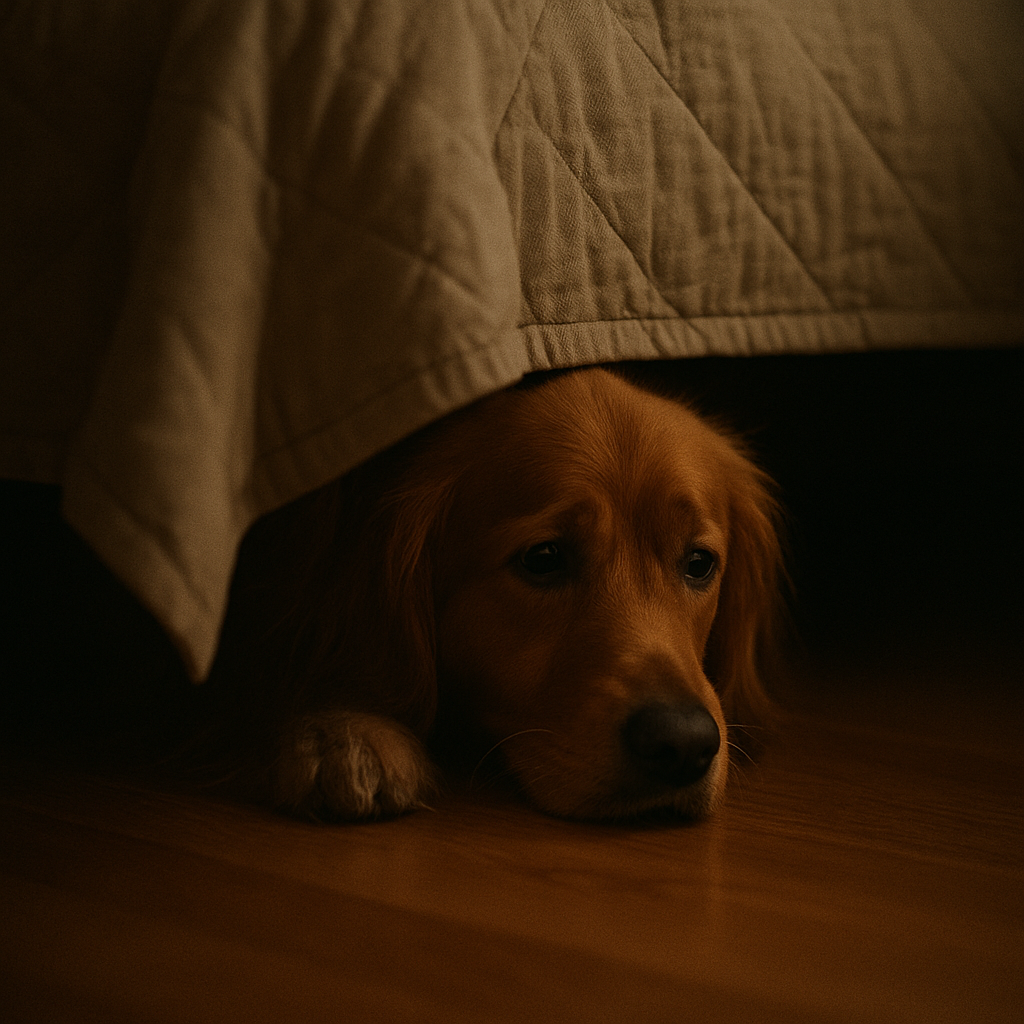 A dog is tucked under a bed, peeking out from behind furniture with a timid expression.