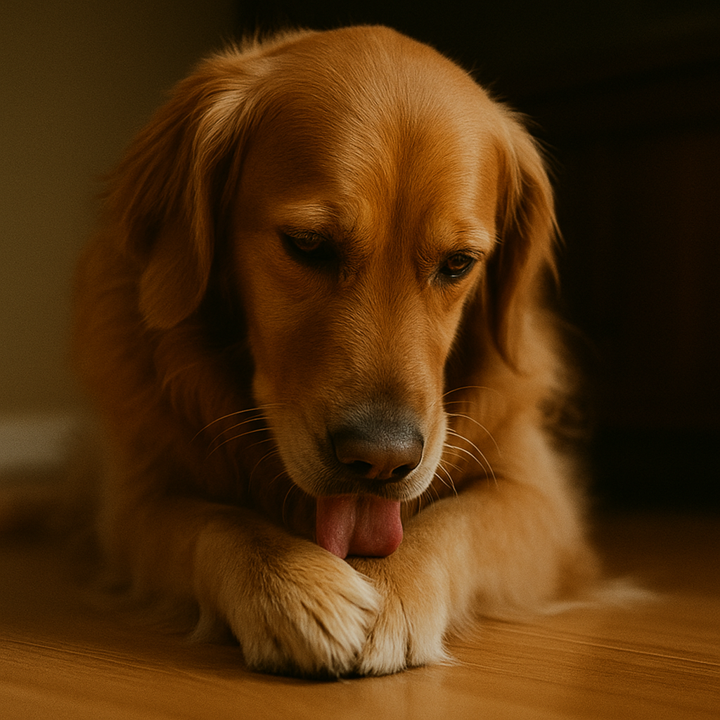 A close-up of a dog licking its front paw repeatedly, showing signs of stress or discomfort.